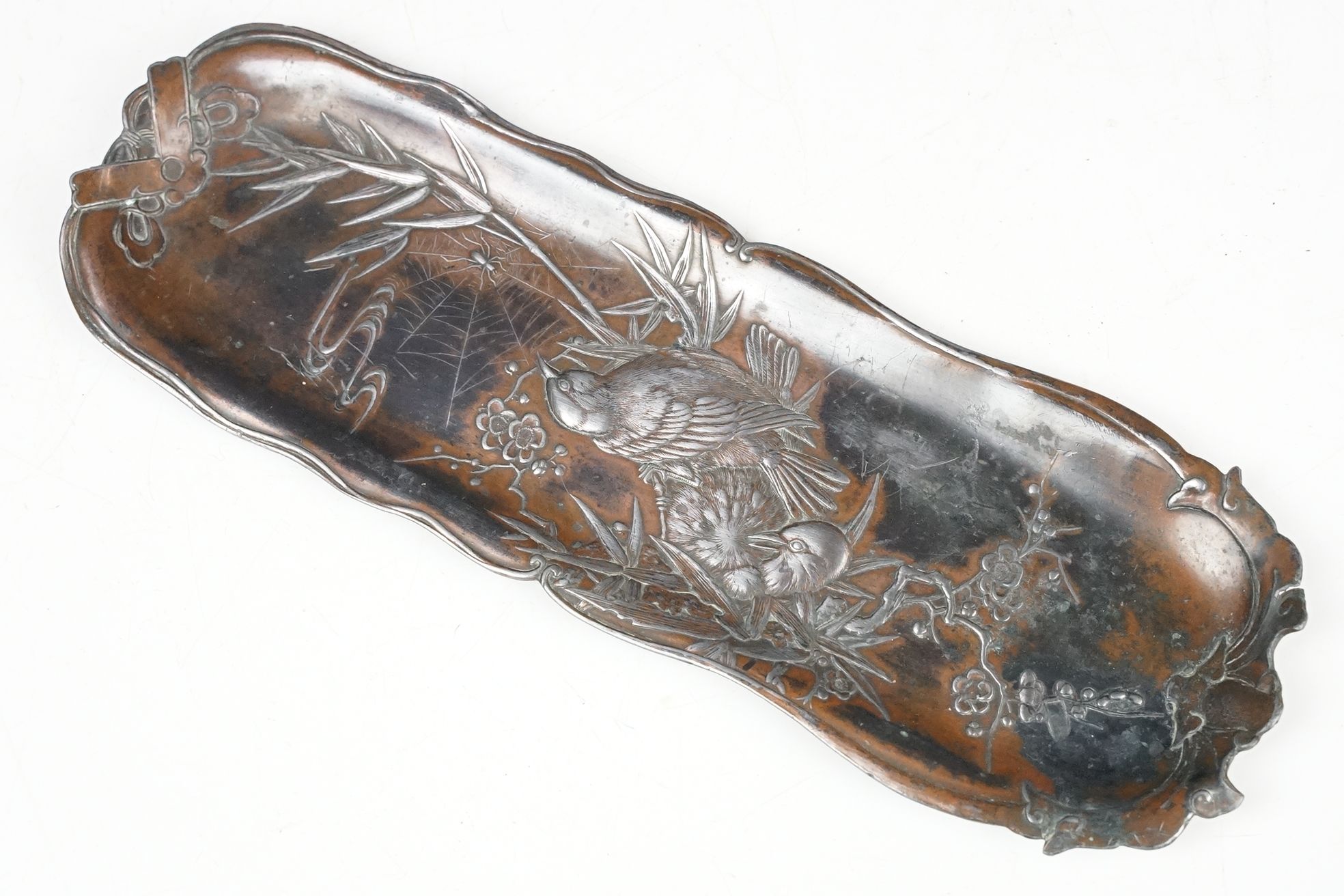 Japanese Meiji period bronzed and silvered Pen Tray decorated with birds and spider with web amongst