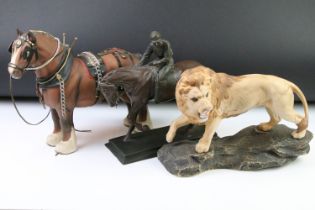 Cast resin horse and jockey figurine marked Cresa 1995, a Beswick lion figurine and a Beswick