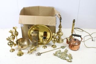 Large collection of assorted 20th Century brass wares to include table lamps, Indian brass vases,
