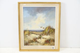 J H Kleinhout, Duingezicht met vliegende eenden (Dune view with flying ducks), oil on canvas,