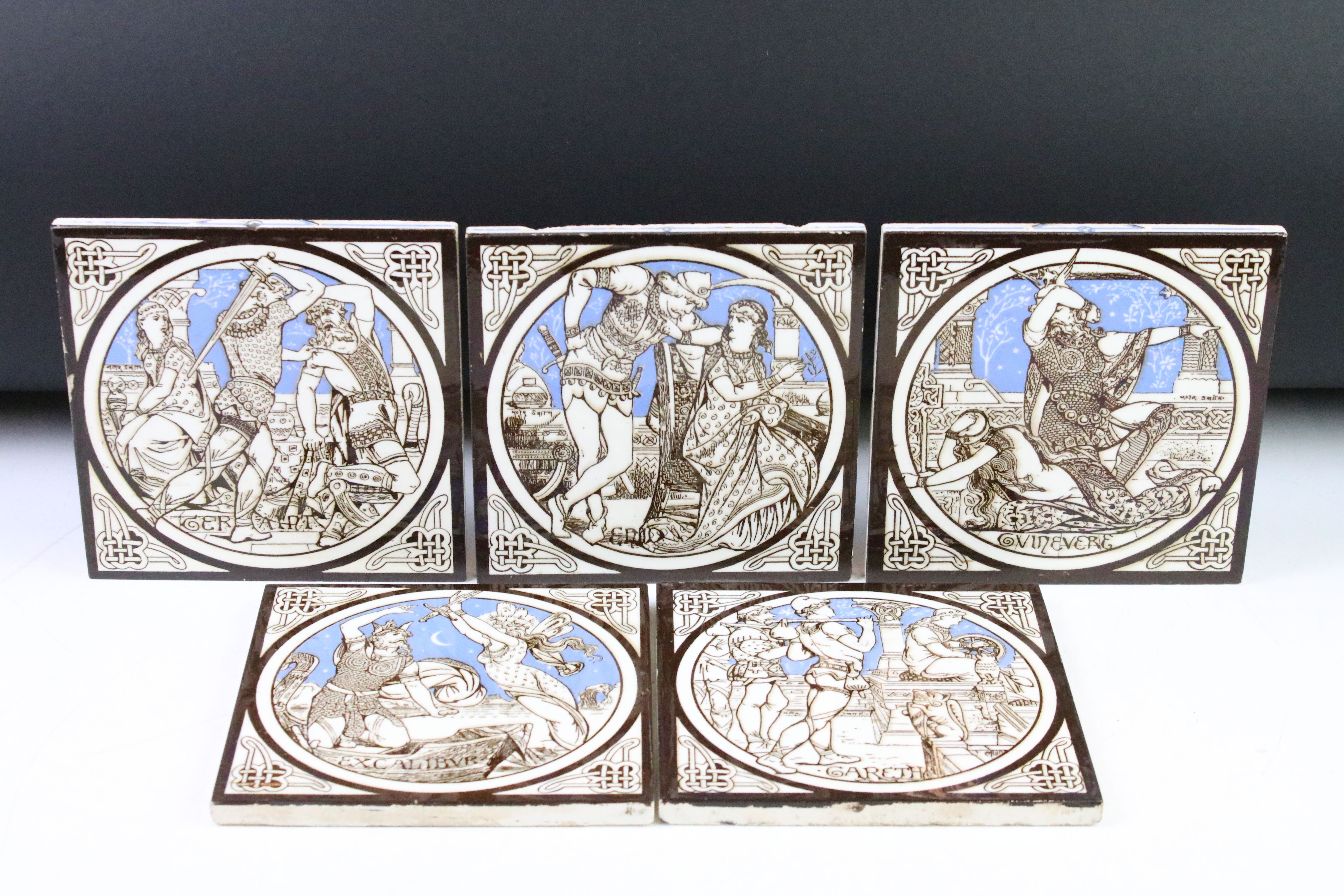 Five Minton China Works Tiles from the Idylls of the King Series designed by J Moyr Smith