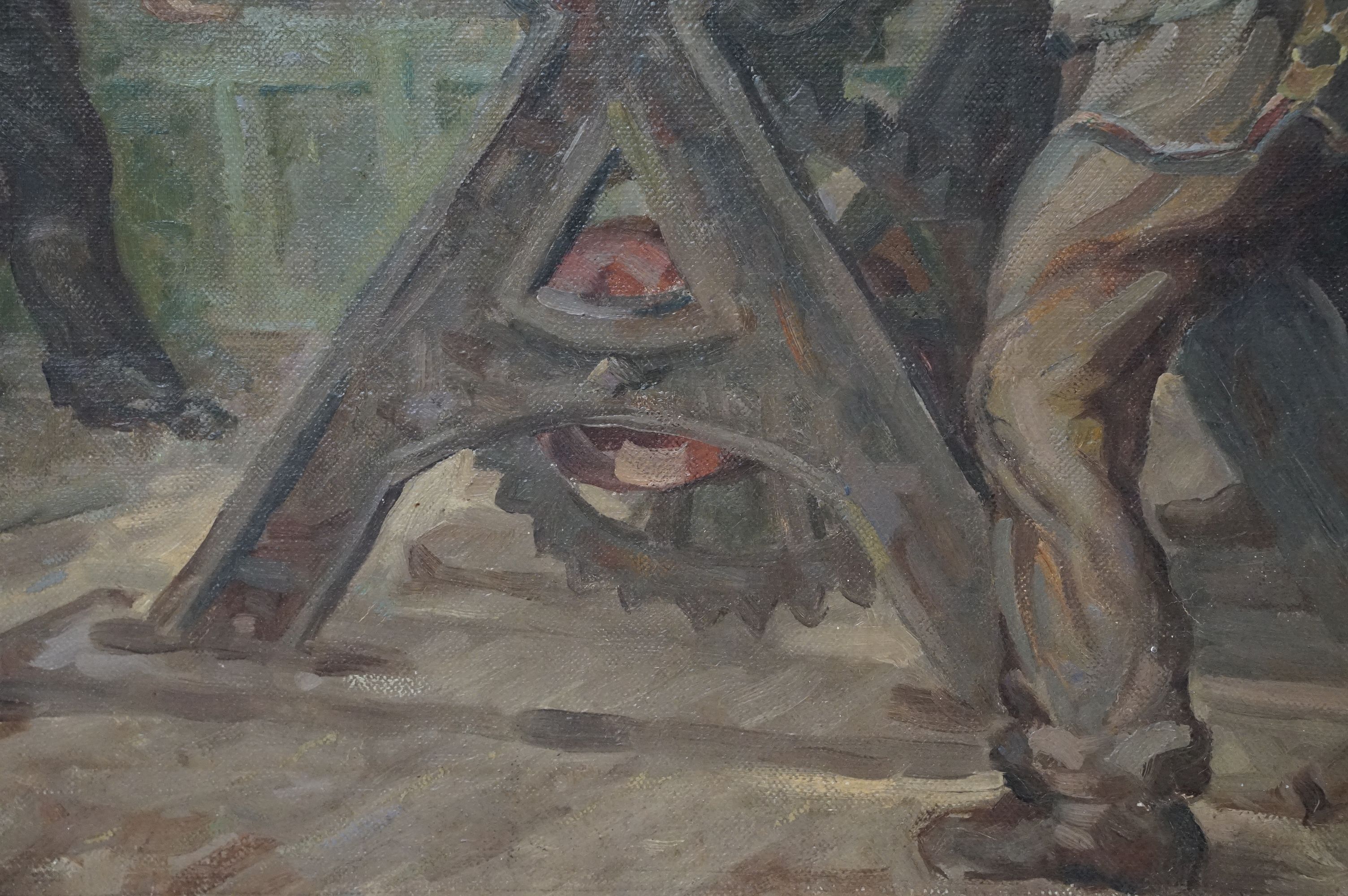 Harold Dearden (British 1888 - 1962), workmen, oil on canvas, 50 x 61cm - Image 4 of 8