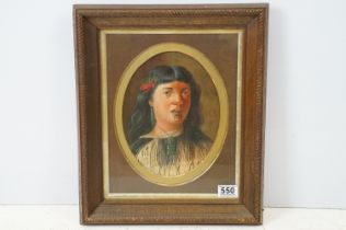 Oil painting portrait of a Maori woman in tribal attire, oval, 24.5 x 18.5cm, framed and glazed