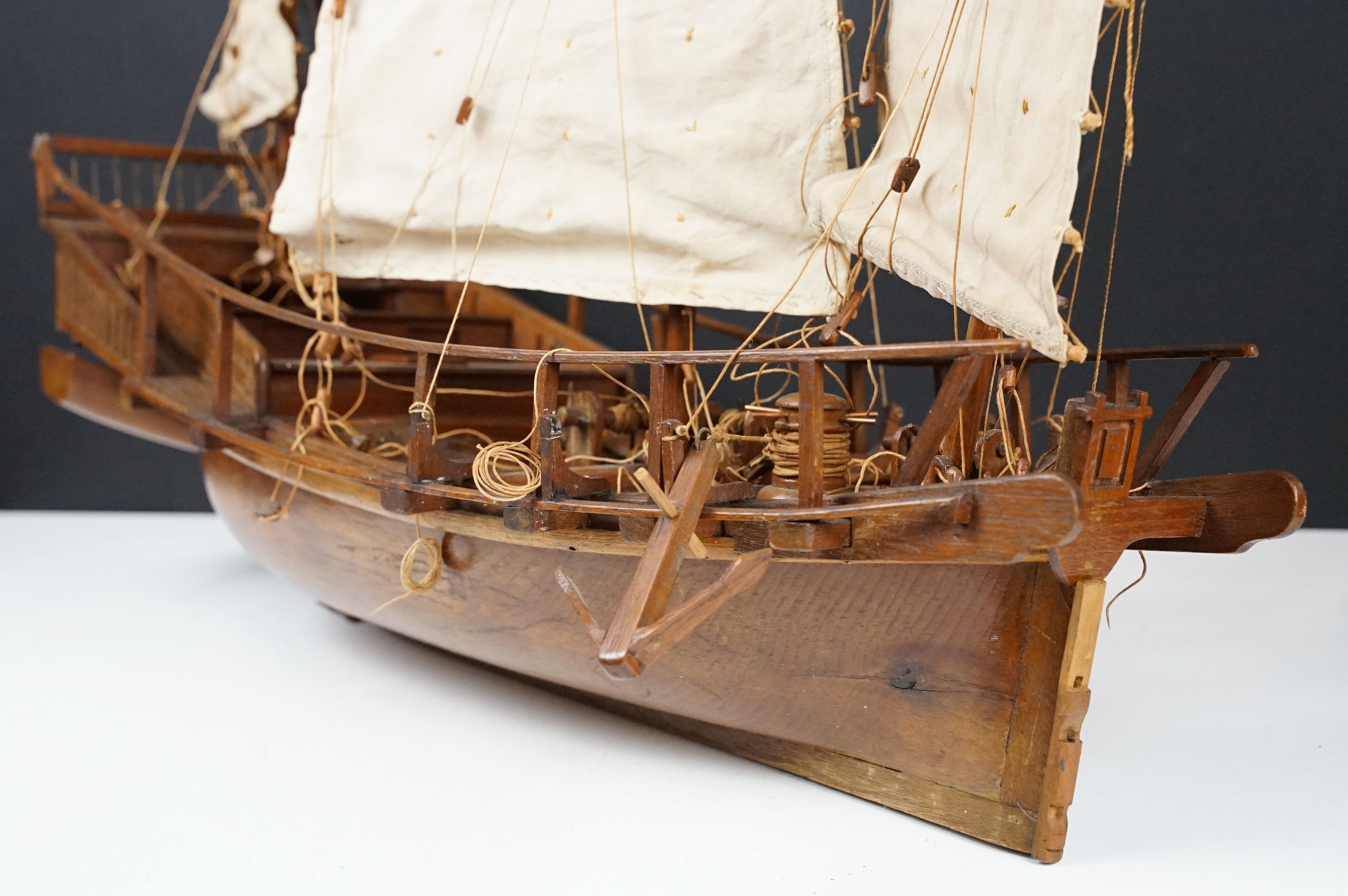 20th Century scratch built junk ship model having three sails, rope detailing, and life boat. - Image 5 of 6