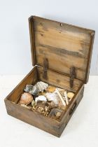 Vintage pine box, containing a selection of shells, crystals etc