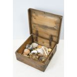 Vintage pine box, containing a selection of shells, crystals etc