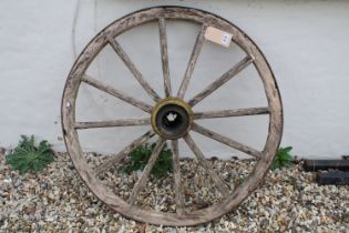 Wooden cart wheel, with twelve spokes, iron rim and hub, 103cm diameter