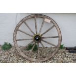 Wooden cart wheel, with twelve spokes, iron rim and hub, 103cm diameter