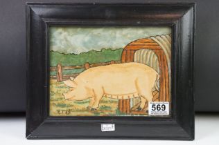 Oil painting of a pig in landscape, 17 x 22.5cm, framed and glazed