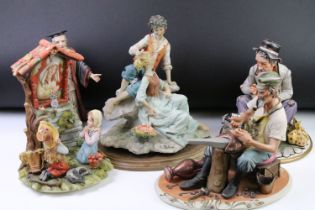 Six Capodimonte porcelain figures / figure groups to include a tramp on a bench, scholar, courting