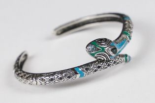 A 925 sterling silver and enamel open ended bangle in the form of a snake, marked 925 for sterling