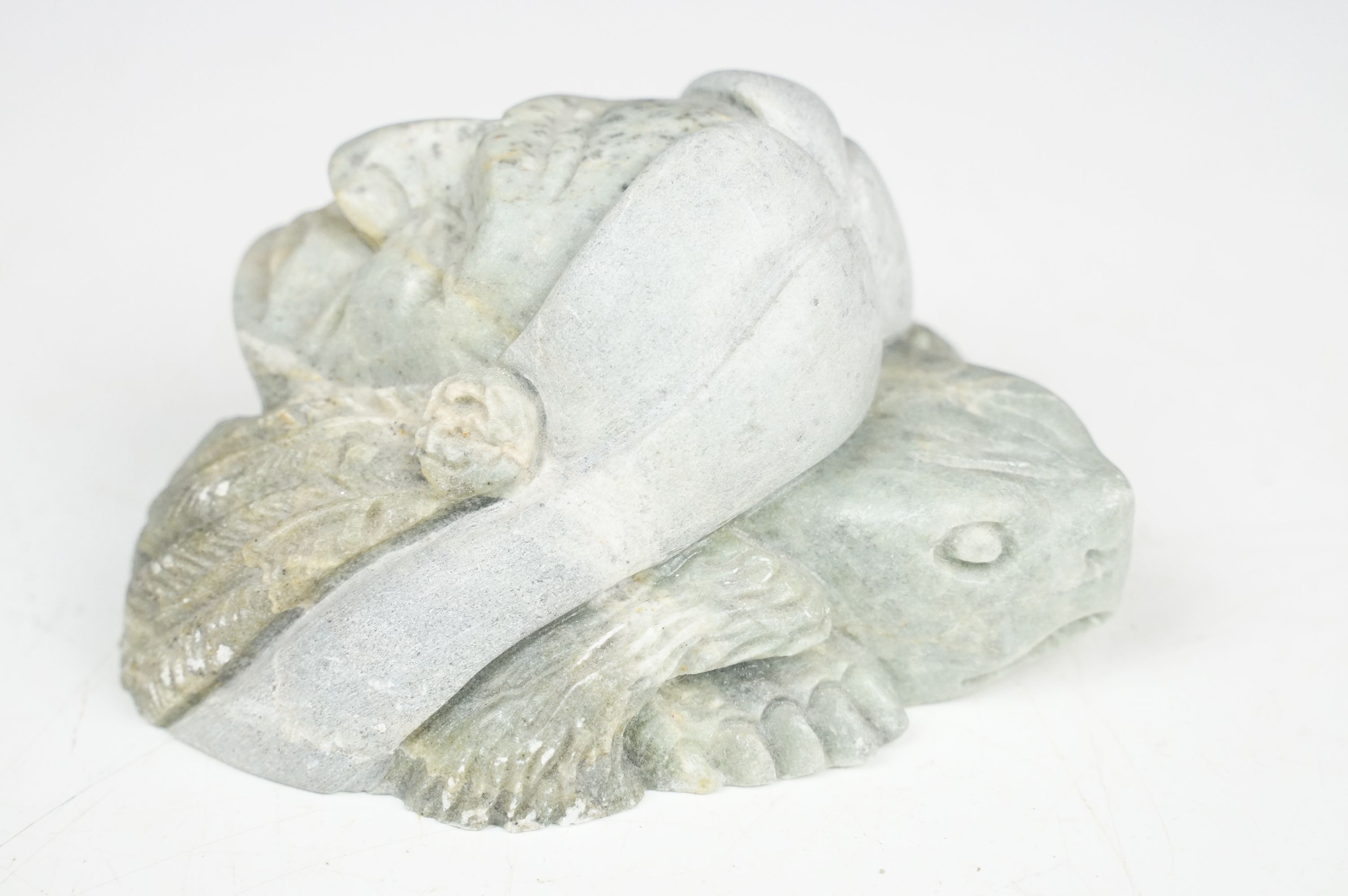 Two Iroquois Native American soapstone carvings to include one figure group depicting two female - Image 9 of 13