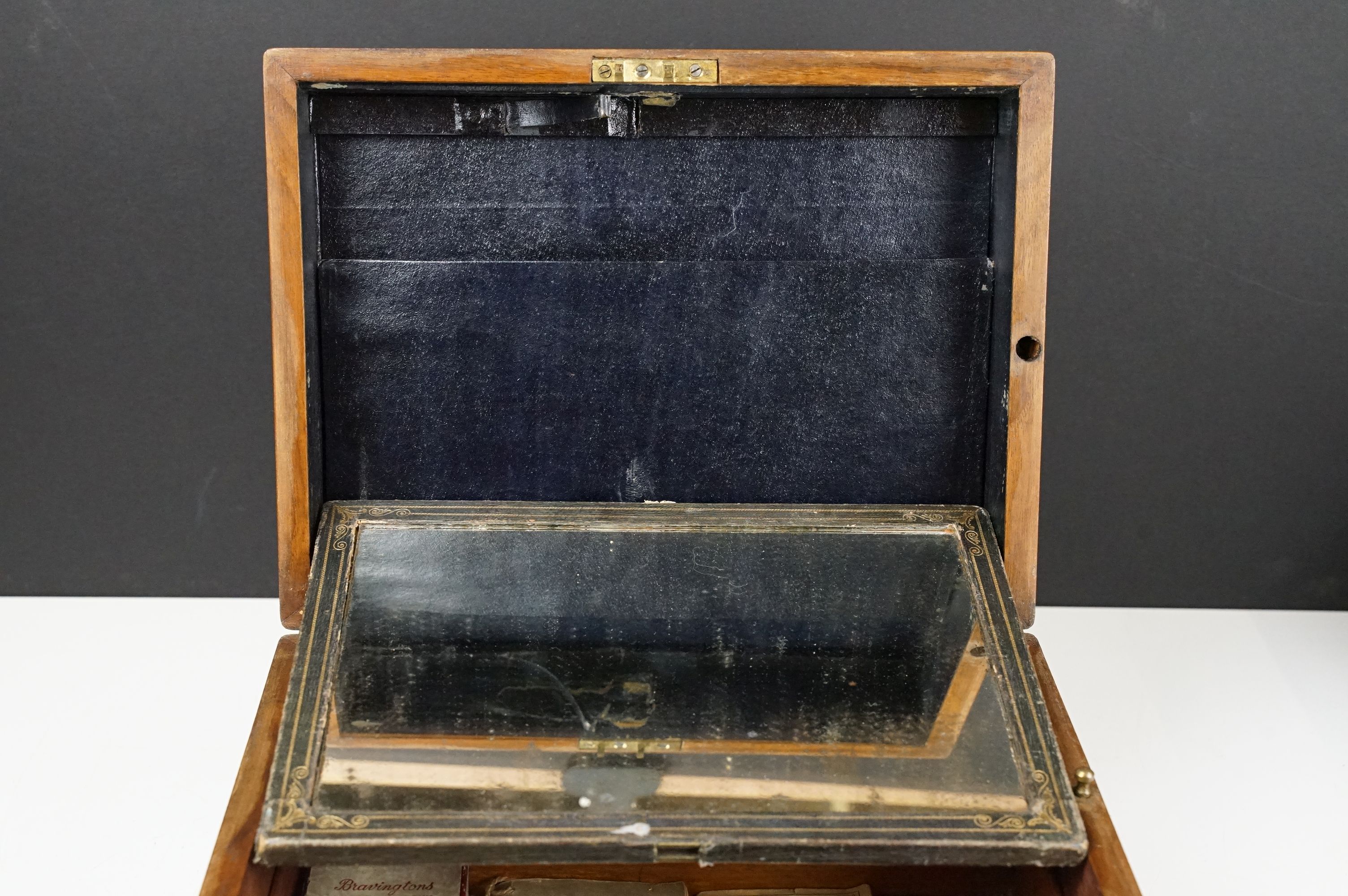 19th century walnut vanity box, the lid with mother of pearl inlay, opening to a fitted interior - Image 8 of 10