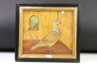 Oil painting of a racing pigeon in loft, 19 x 21.5cm, framed and glazed