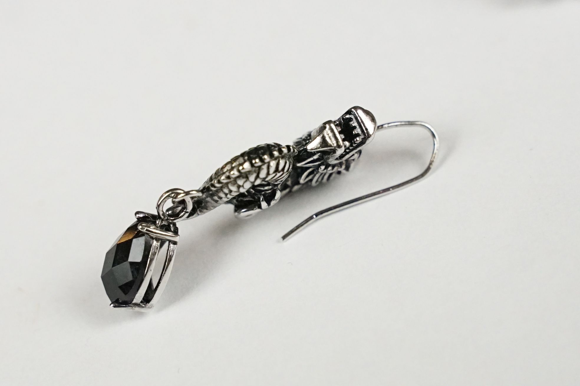 A pair of 925 sterling silver earrings in the form of Chinese dragons with faceted stone drops, - Image 3 of 4