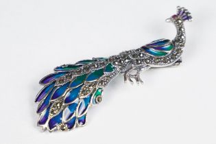 Silver and plique a jour peacock brooch