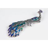 Silver and plique a jour peacock brooch