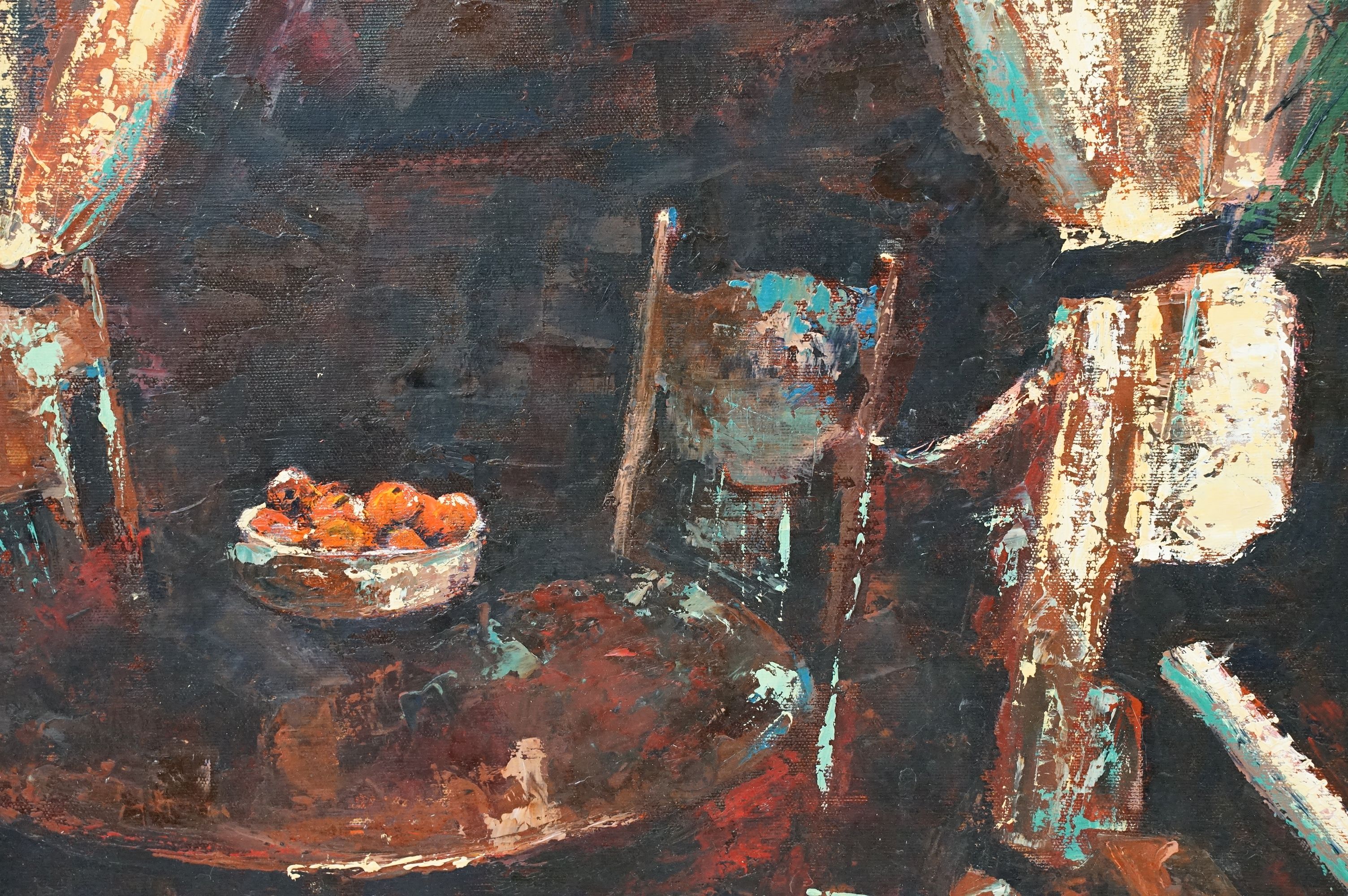 Campbell, 20th century still life interior scene with piano table, chair and bowl of fruit, oil on - Image 2 of 8