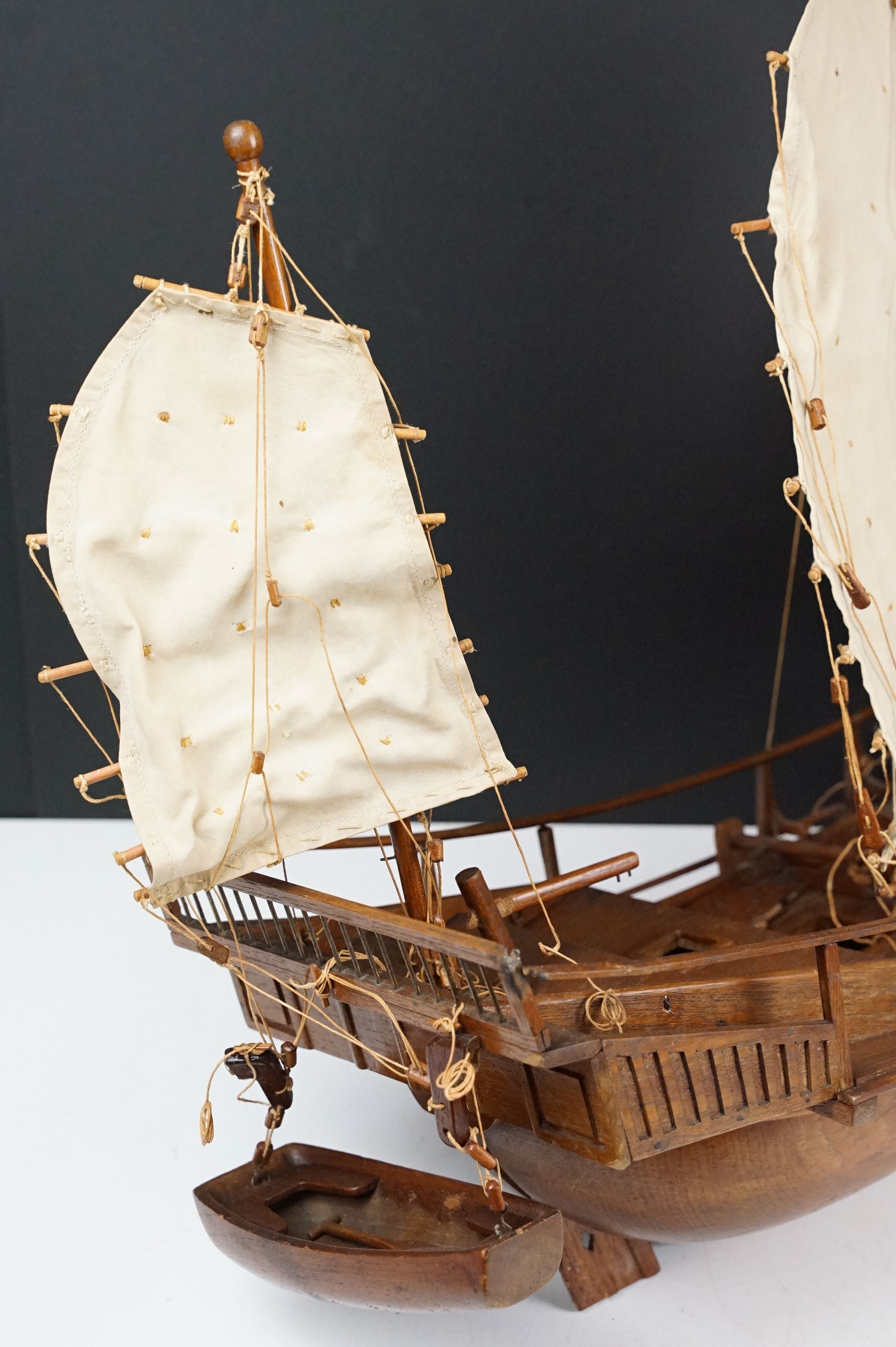 20th Century scratch built junk ship model having three sails, rope detailing, and life boat. - Image 6 of 6