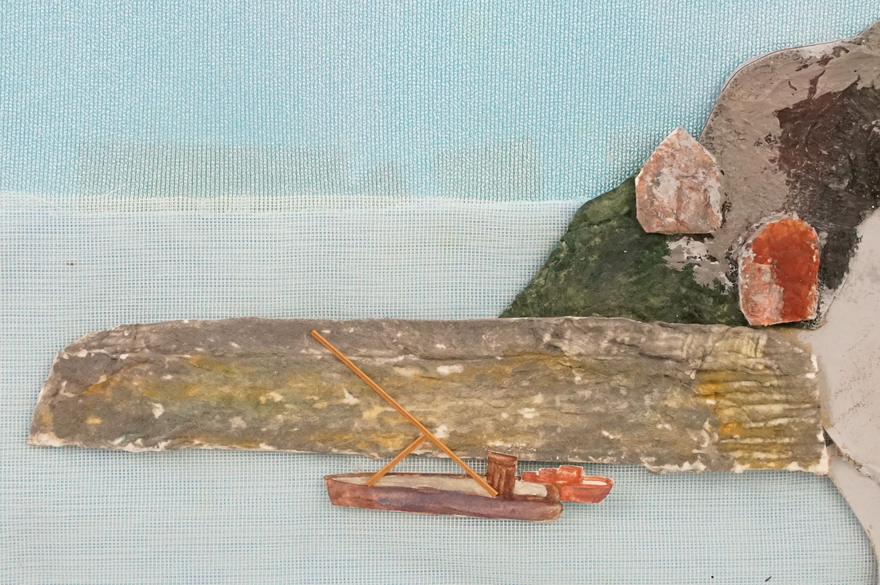 Naive harbour & coastal scene Collage, partial label to verso, framed and glazed, 38cm x 26cm - Image 5 of 8