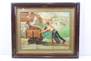 Framed oil painting of a scene depicting mine workers in a landscape, 45 x 59cm