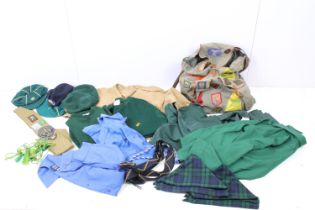 Group of vintage boy scouts items to include rucks sack with hand stitched badges and garments.