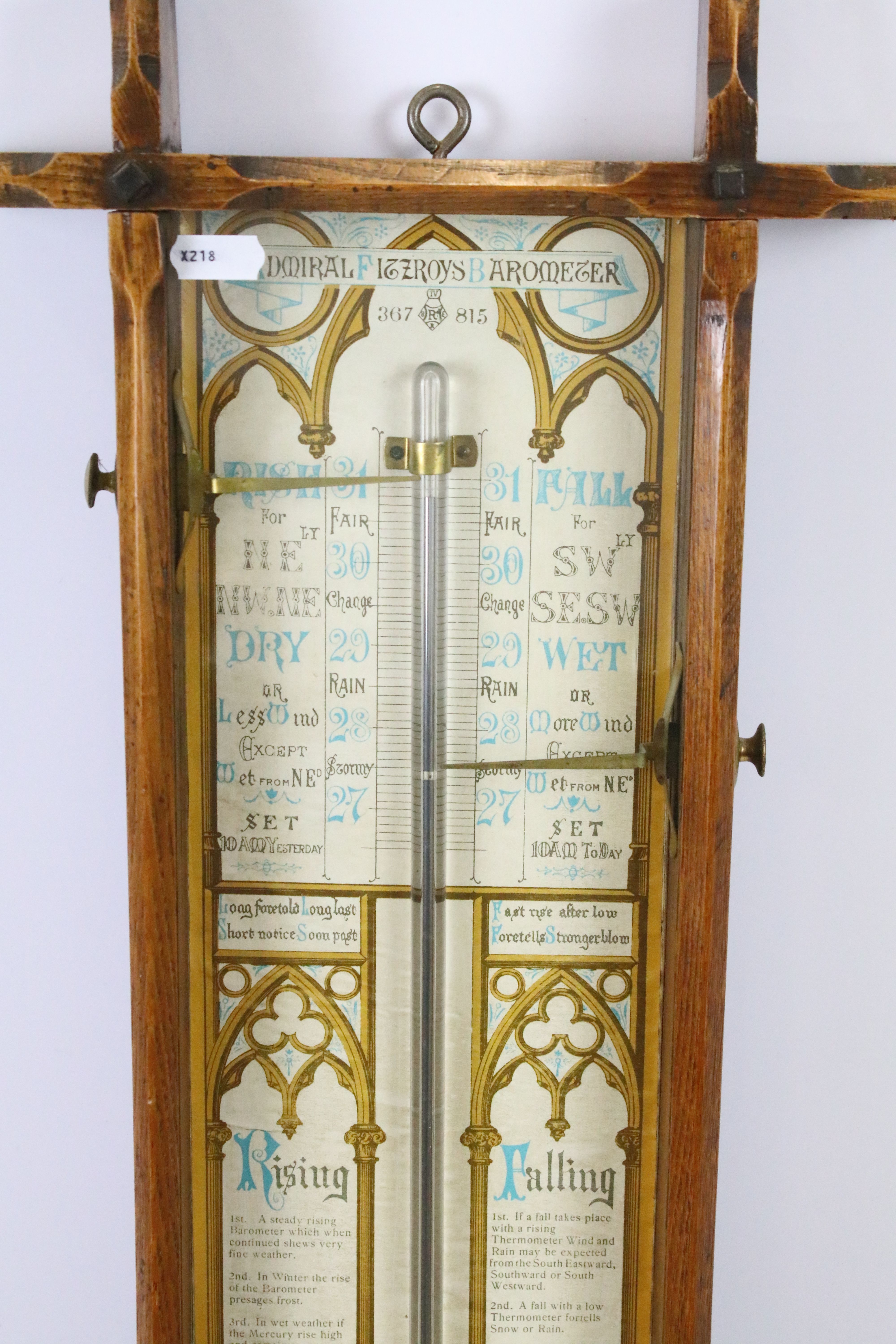 Early 20th century oak cross framed Admiral Fitzroys barometer, with paper dial, the sides with twin - Bild 2 aus 4