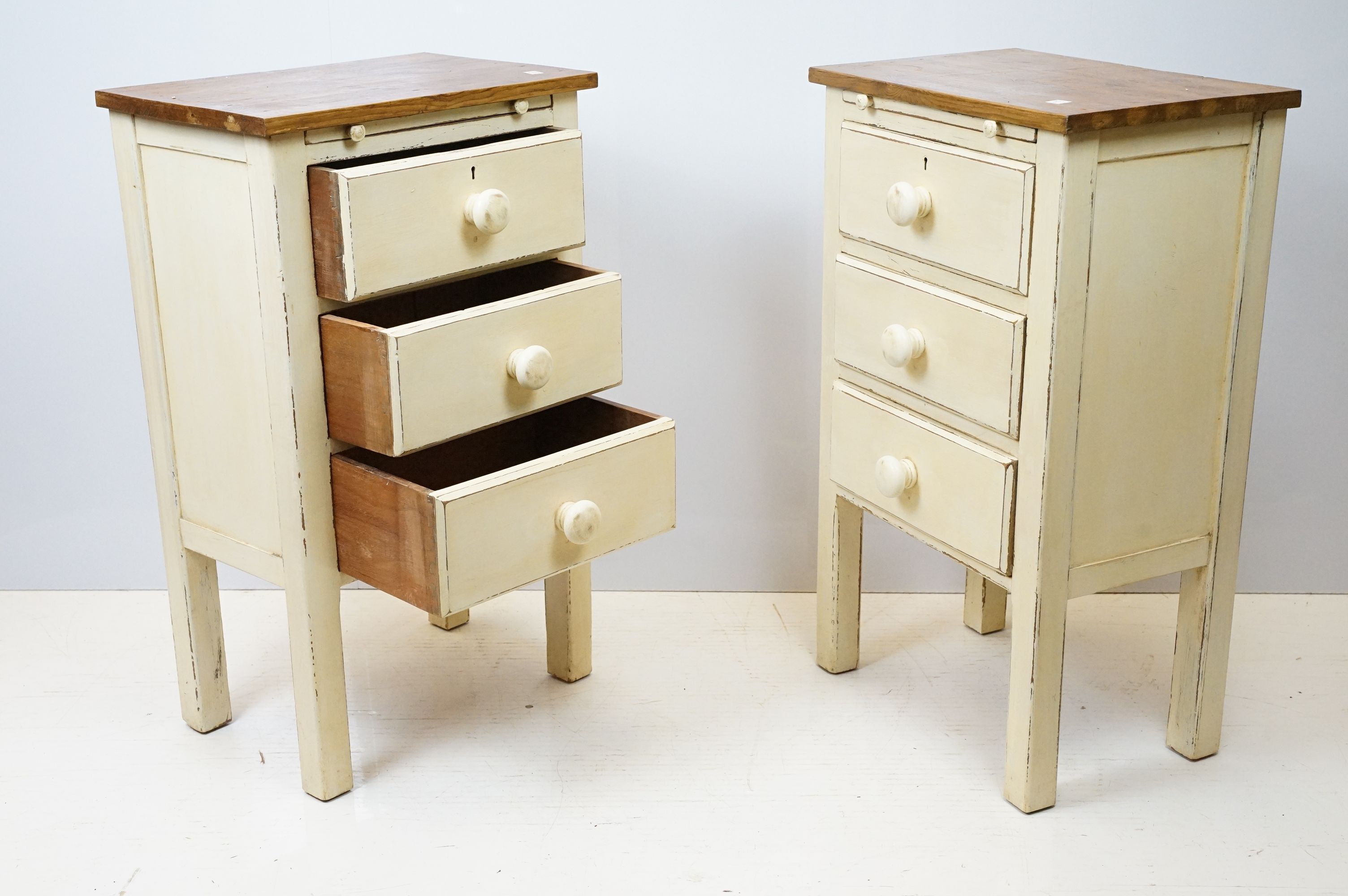 Pair of vintage painted bedside chests, each with three drawers and brushing slide, 76cm high 45.5cm - Image 5 of 8