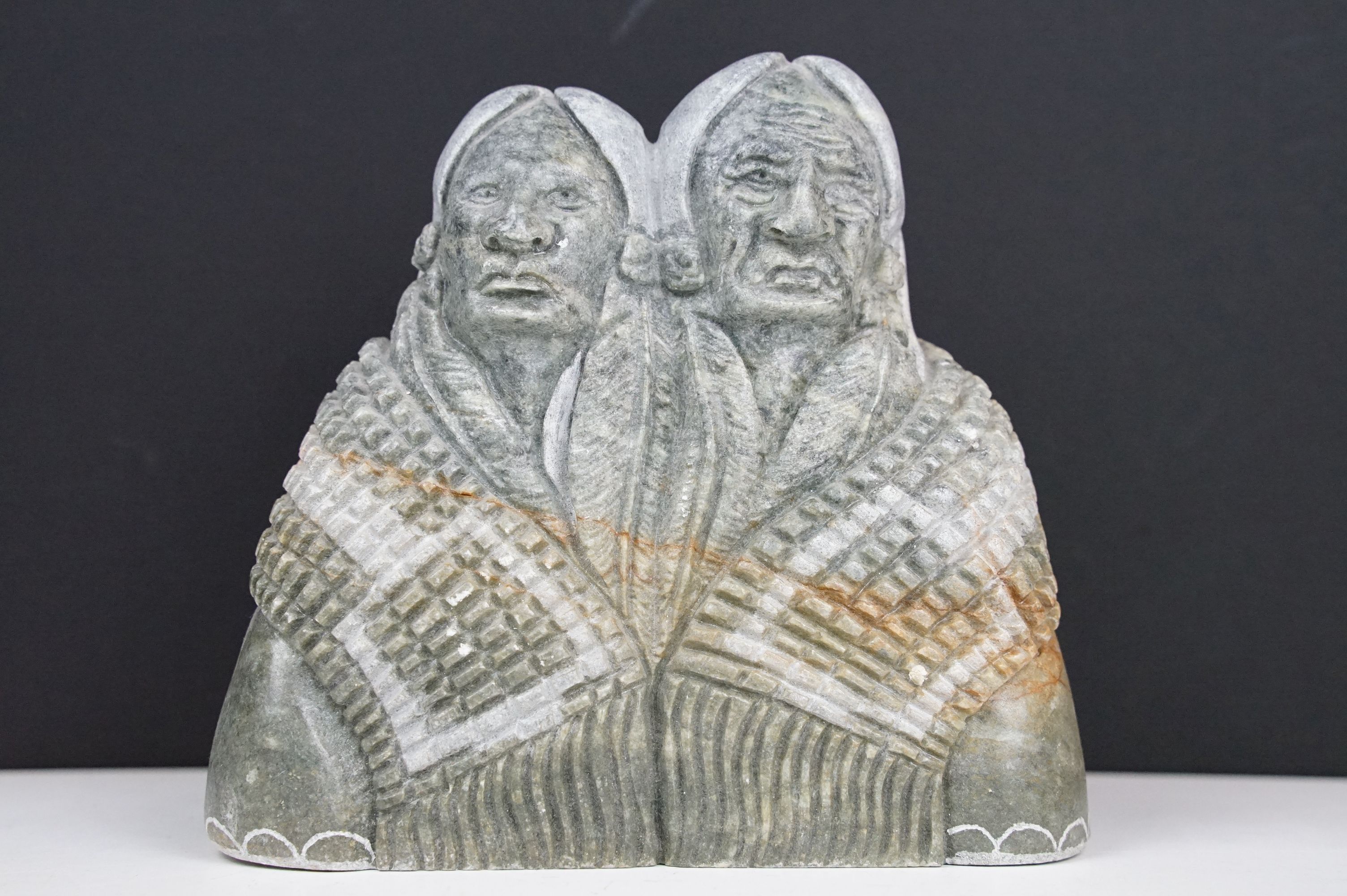 Two Iroquois Native American soapstone carvings to include one figure group depicting two female - Image 2 of 13