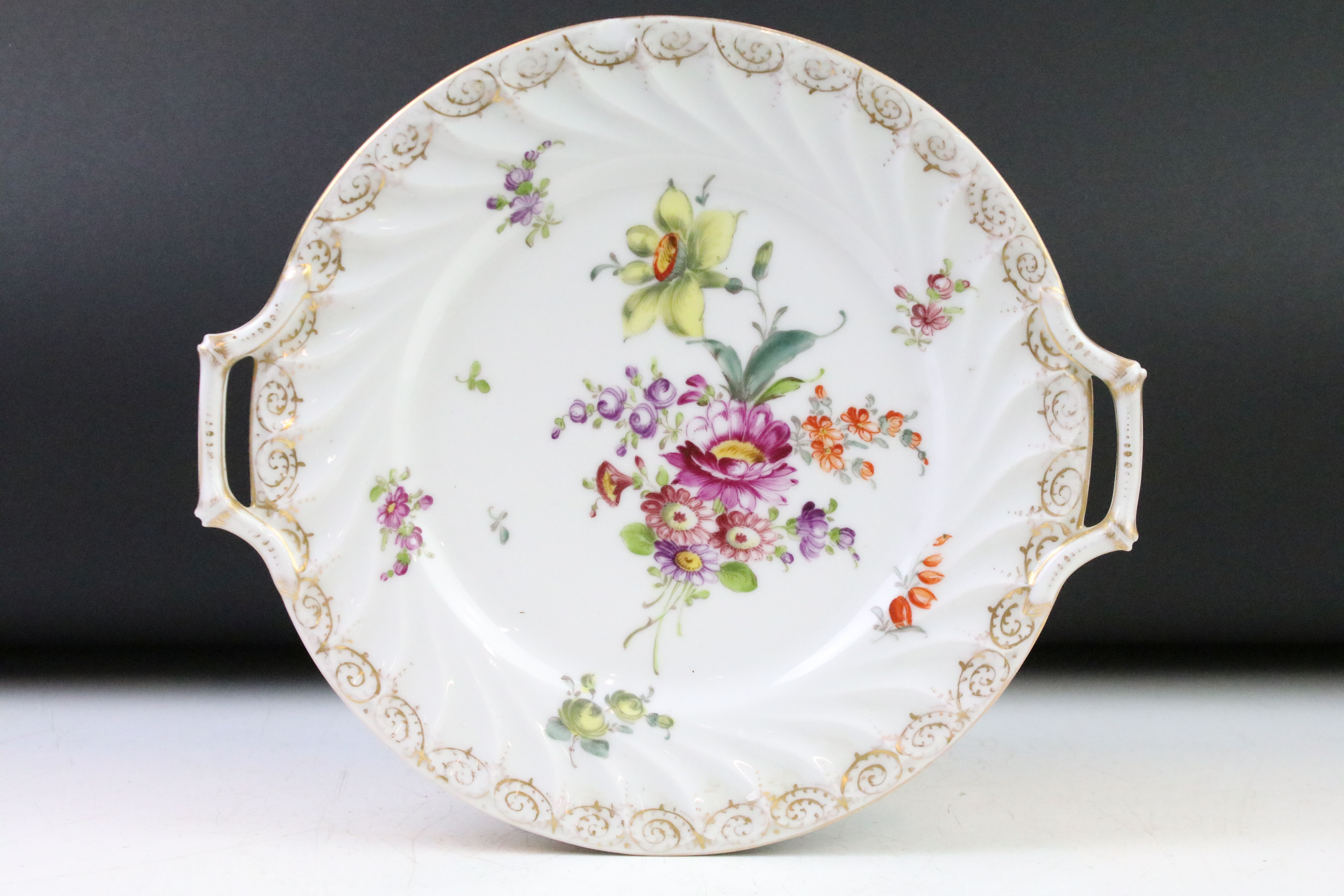Two Dresden porcelain twin handled plates with hand painted floral decoration and gilt detail to - Image 5 of 8