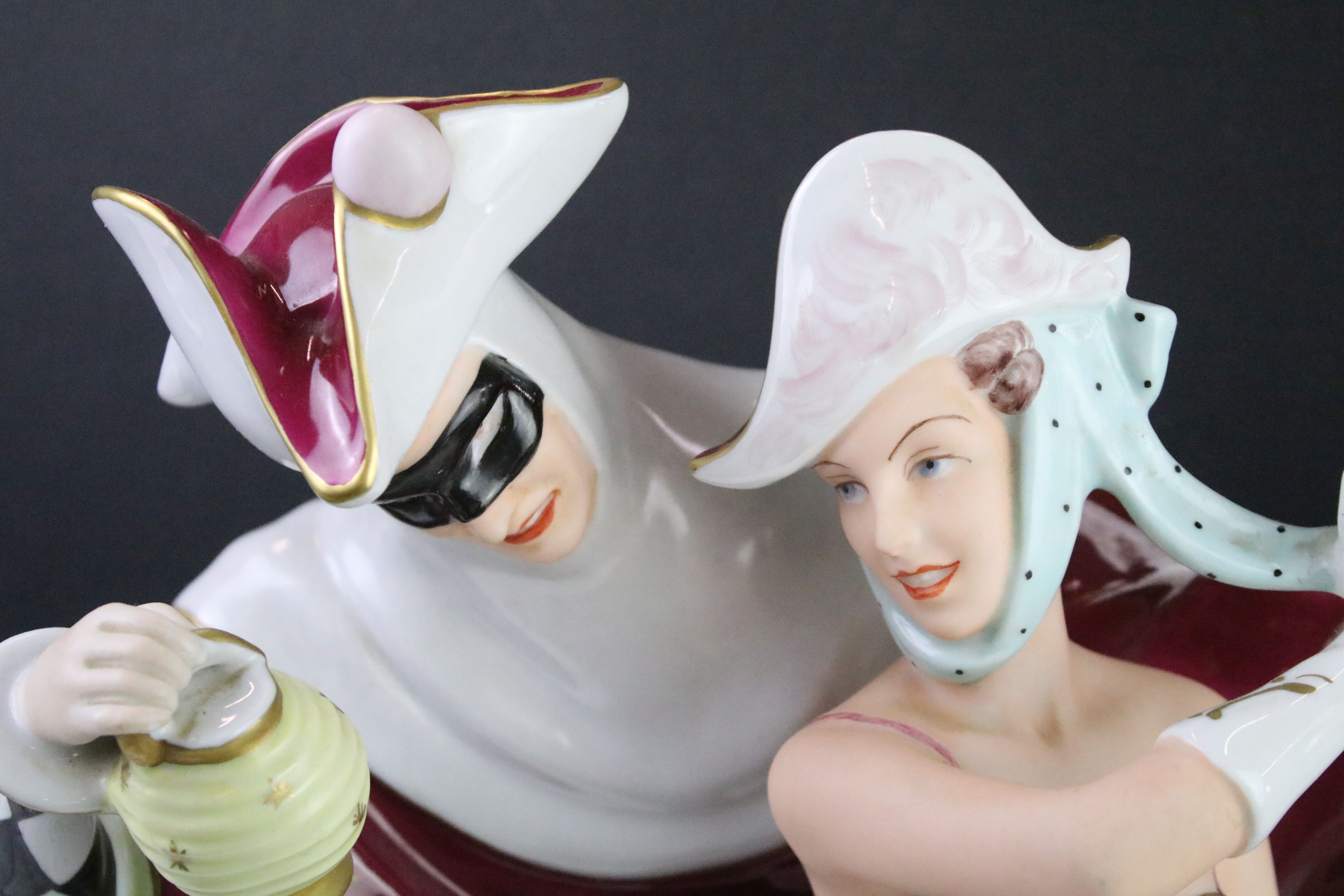 Mid 20th Century Royal Dux carnival figure group depicting a couple dressed for carnival with hand - Image 2 of 5