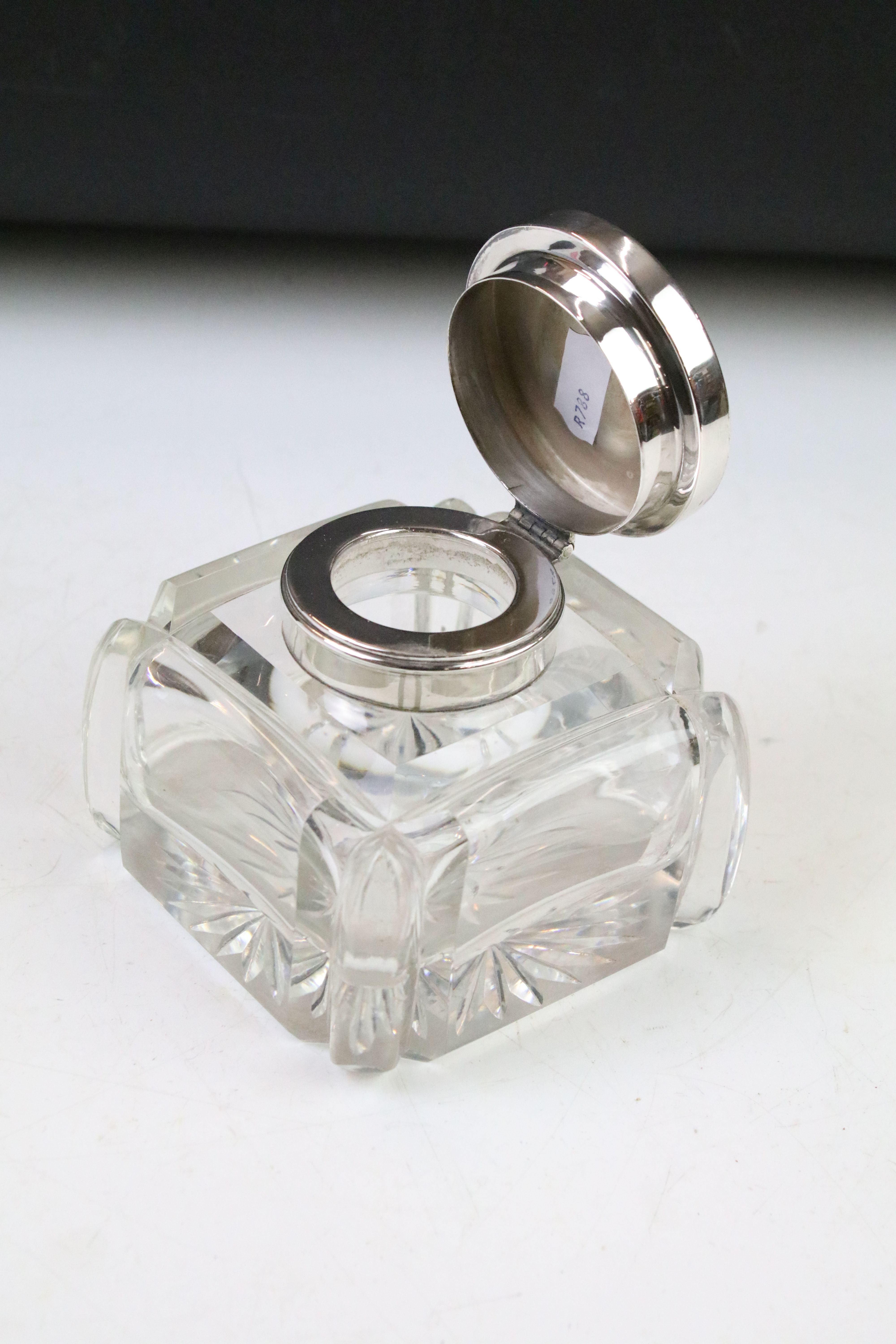 Early 20th century silver lidded glass desk inkwell of square form, with star cut base, approx - Image 2 of 4