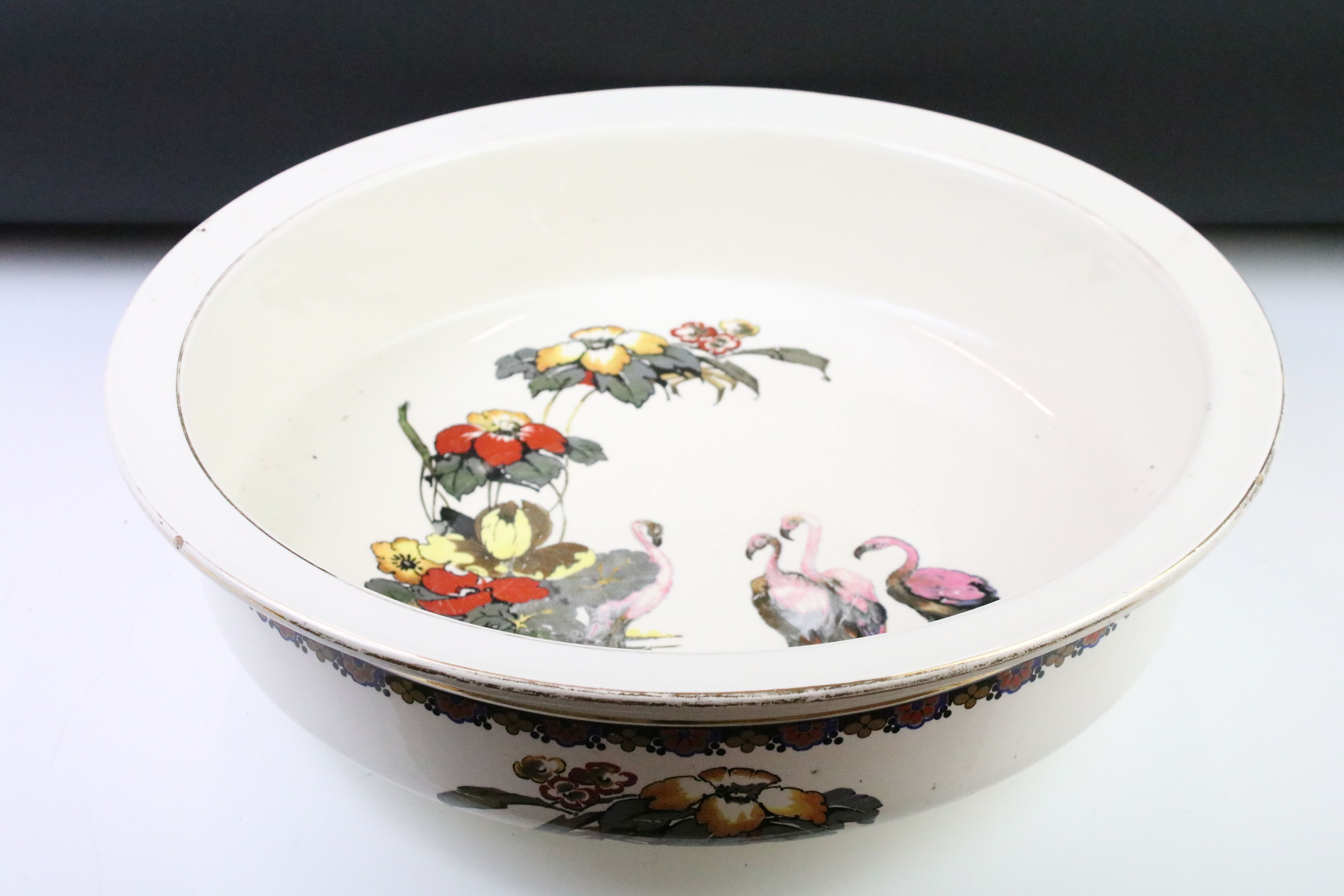 Early 20th Century Falcon Ware ceramic wash basin decorated with flamingos, together with two - Image 7 of 9