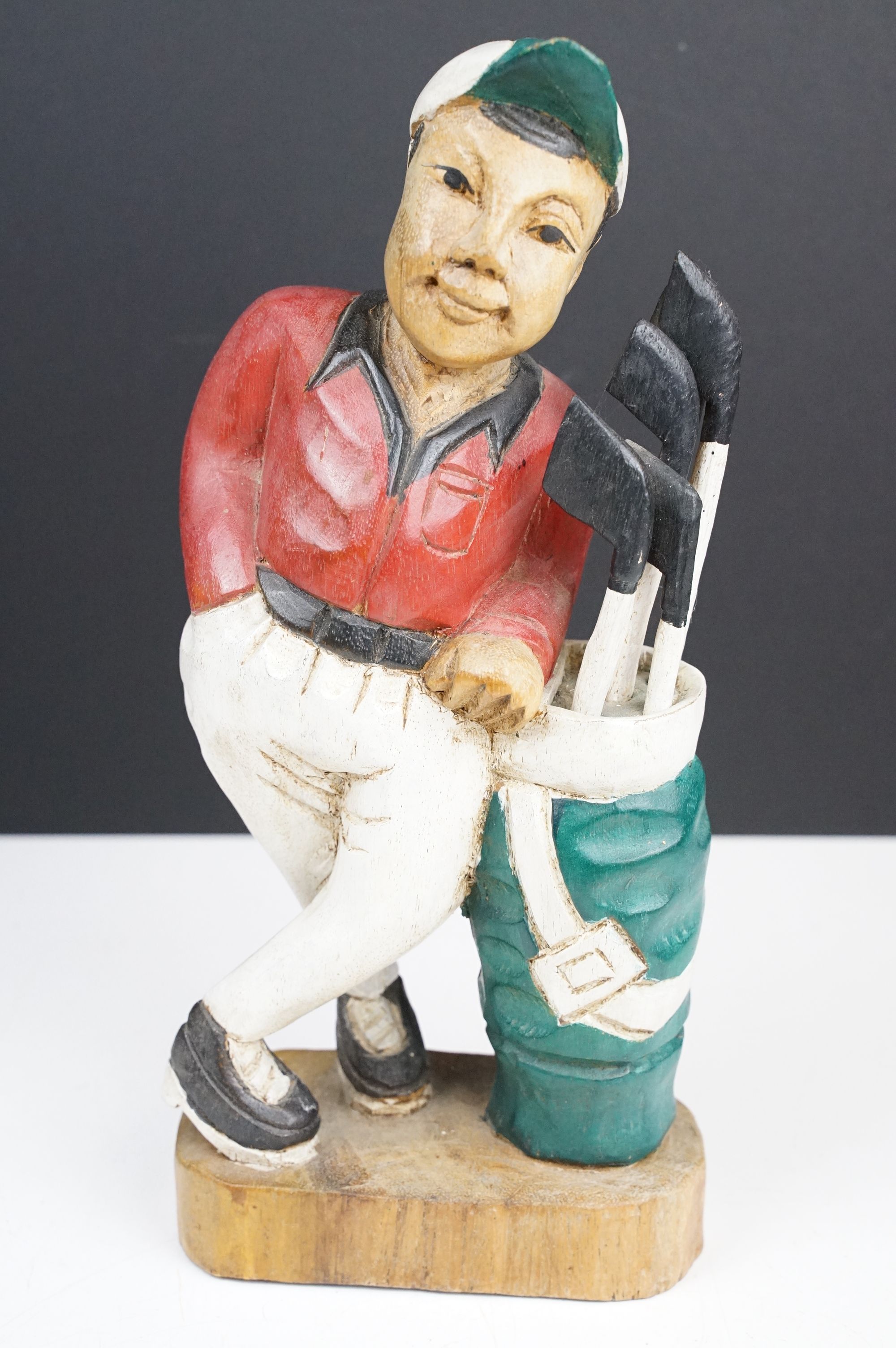 Two carved wooden figures to include a double bass band player and golfer. Tallest measures 41cm - Image 4 of 7