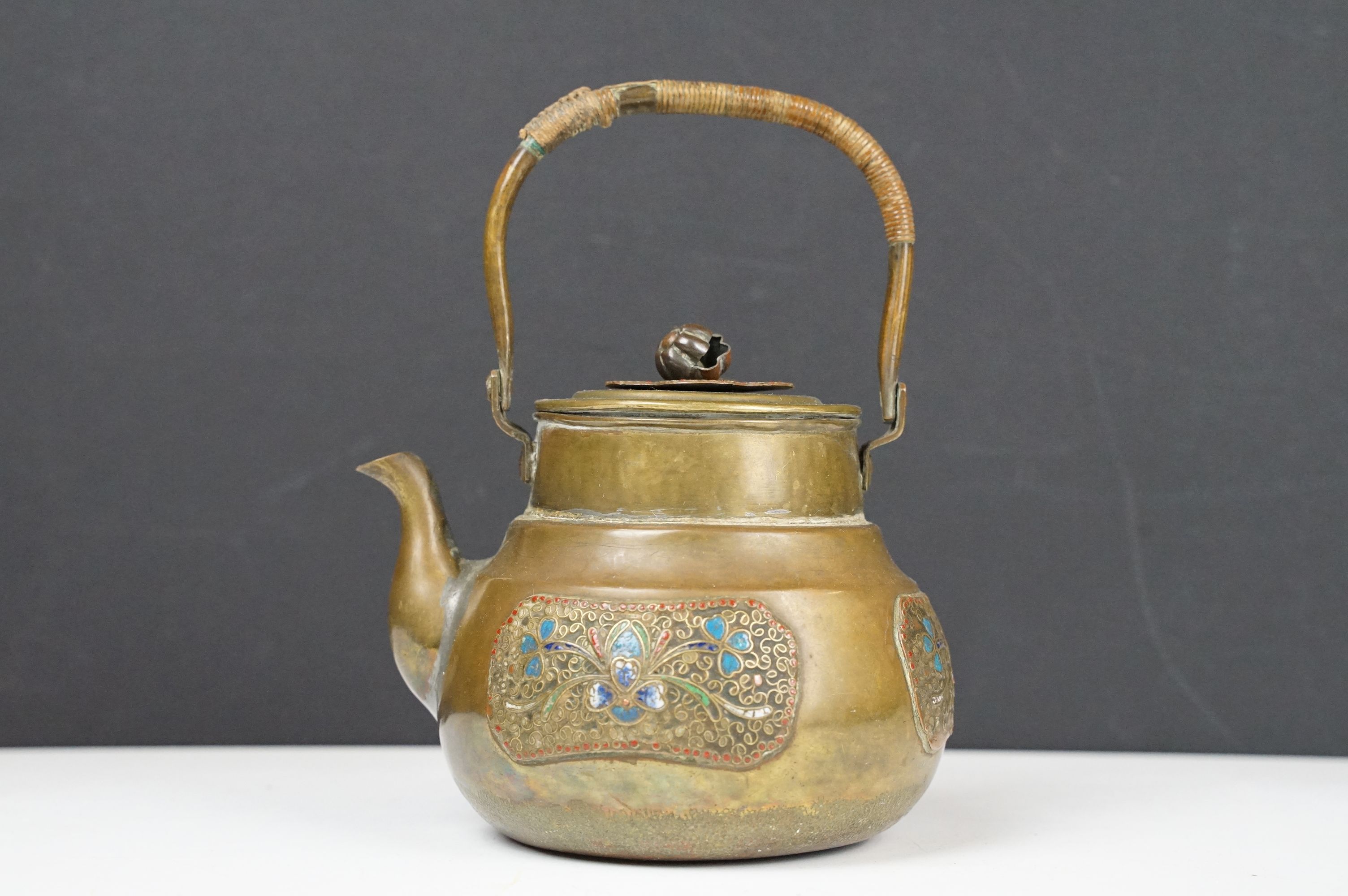 Chinese Bronze and Enamel Teapot, approx 18cm high