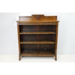 Oak three shelf bookcase with Greek key frieze design, 102cm high x 92cm wide x 26cm deep