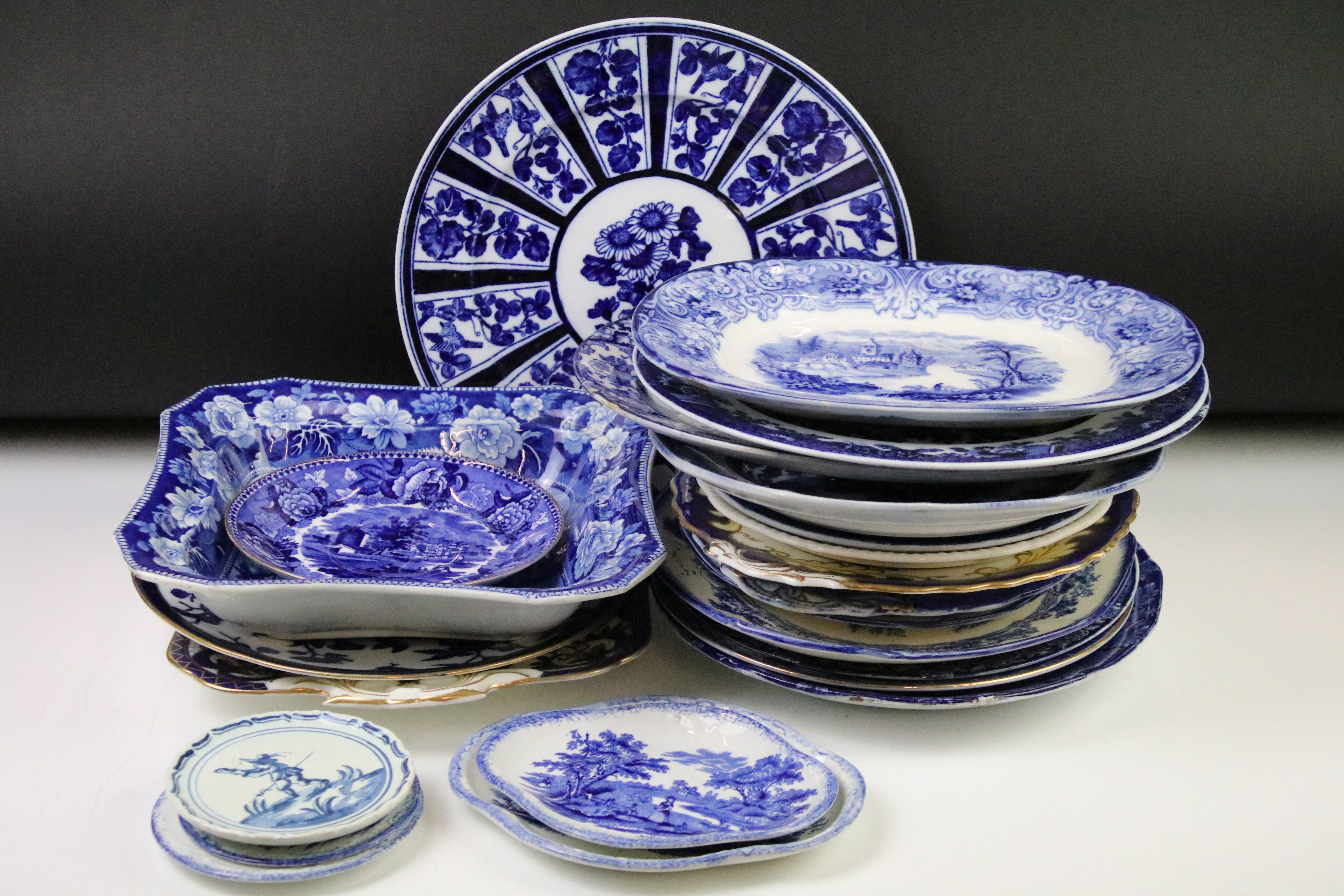 Collection of blue & white plates / dishes, mostly 19th century examples, to include Copeland