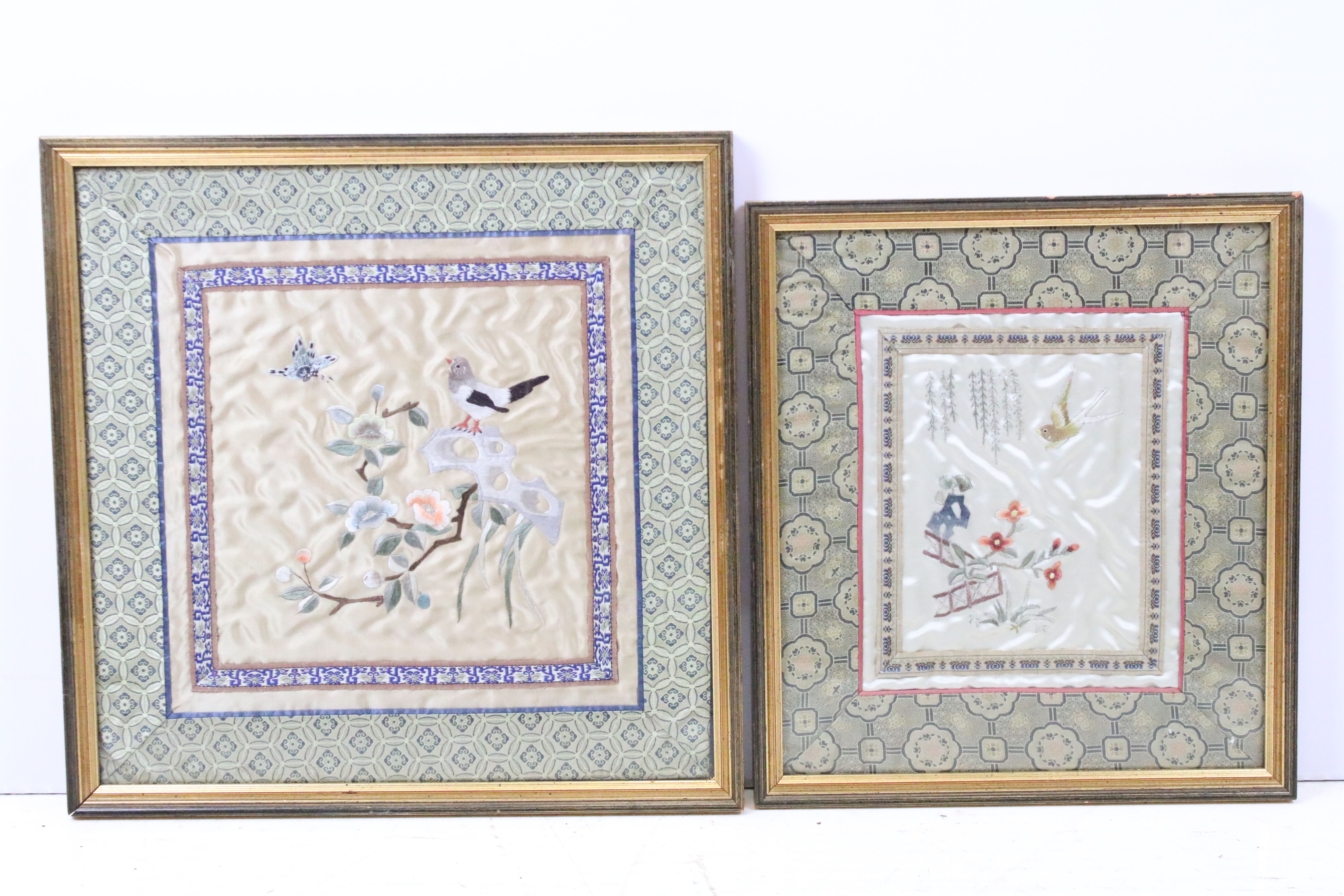 Two Chinese silk embroidered pictures, the largest 32 x 32cm, both framed and glazed