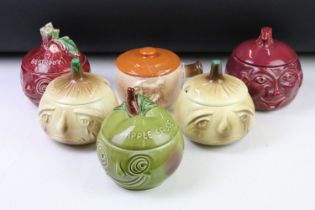 Group of six ceramic preserve / vegetable jars, to include five Sylvac examples (Pork Dripping,