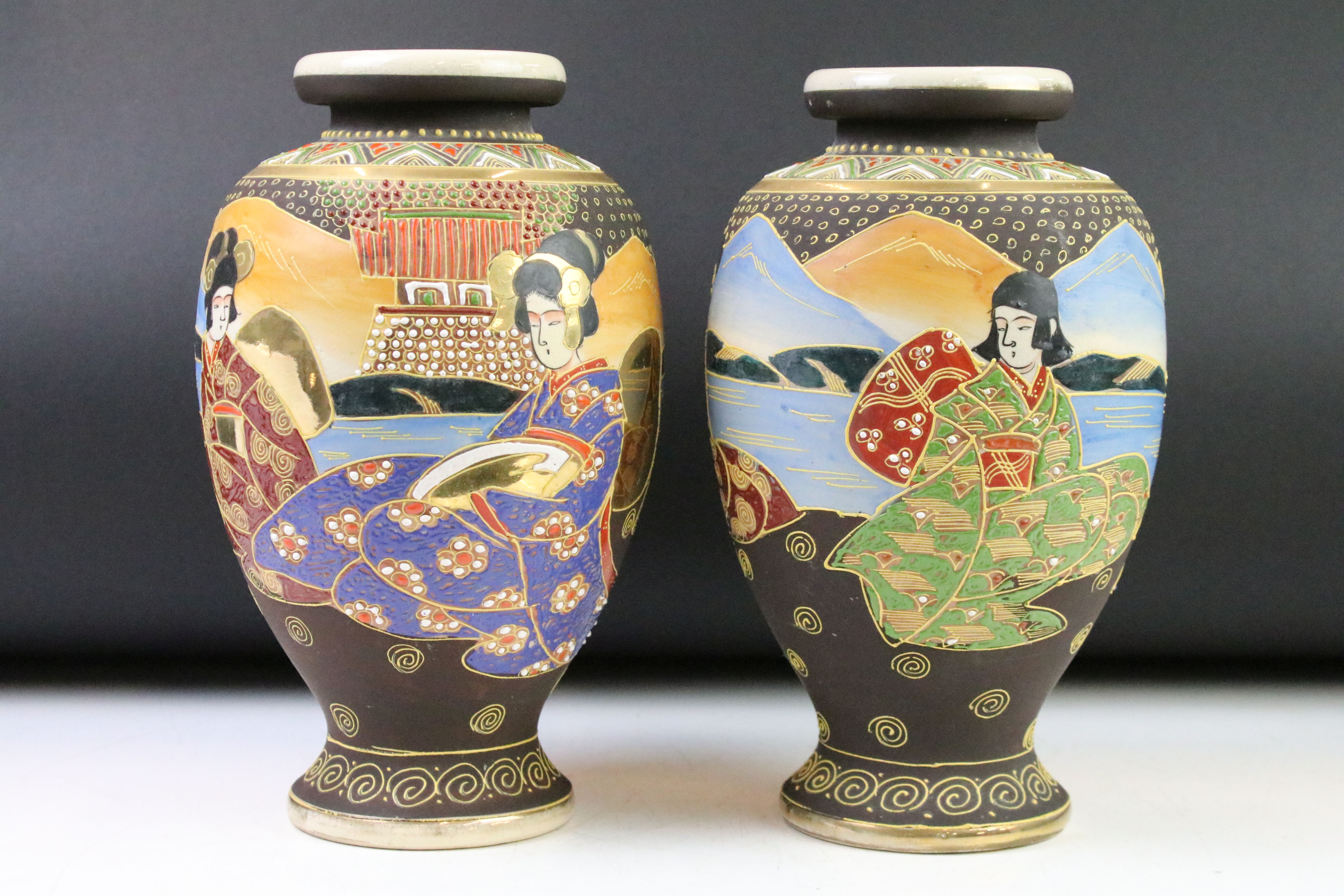 Pair of Japanese vases, of baluster form, with enamel painted decoration depicting females, approx