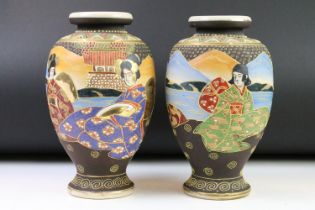 Pair of Japanese vases, of baluster form, with enamel painted decoration depicting females, approx