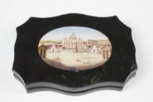 19th century Italian micro mosaic paperweight, the bracketed rectangular black slate body with an