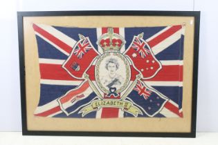 Original Queen Elizabeth II 1953 Coronation flag, 53 x 88cm, framed and glazed
