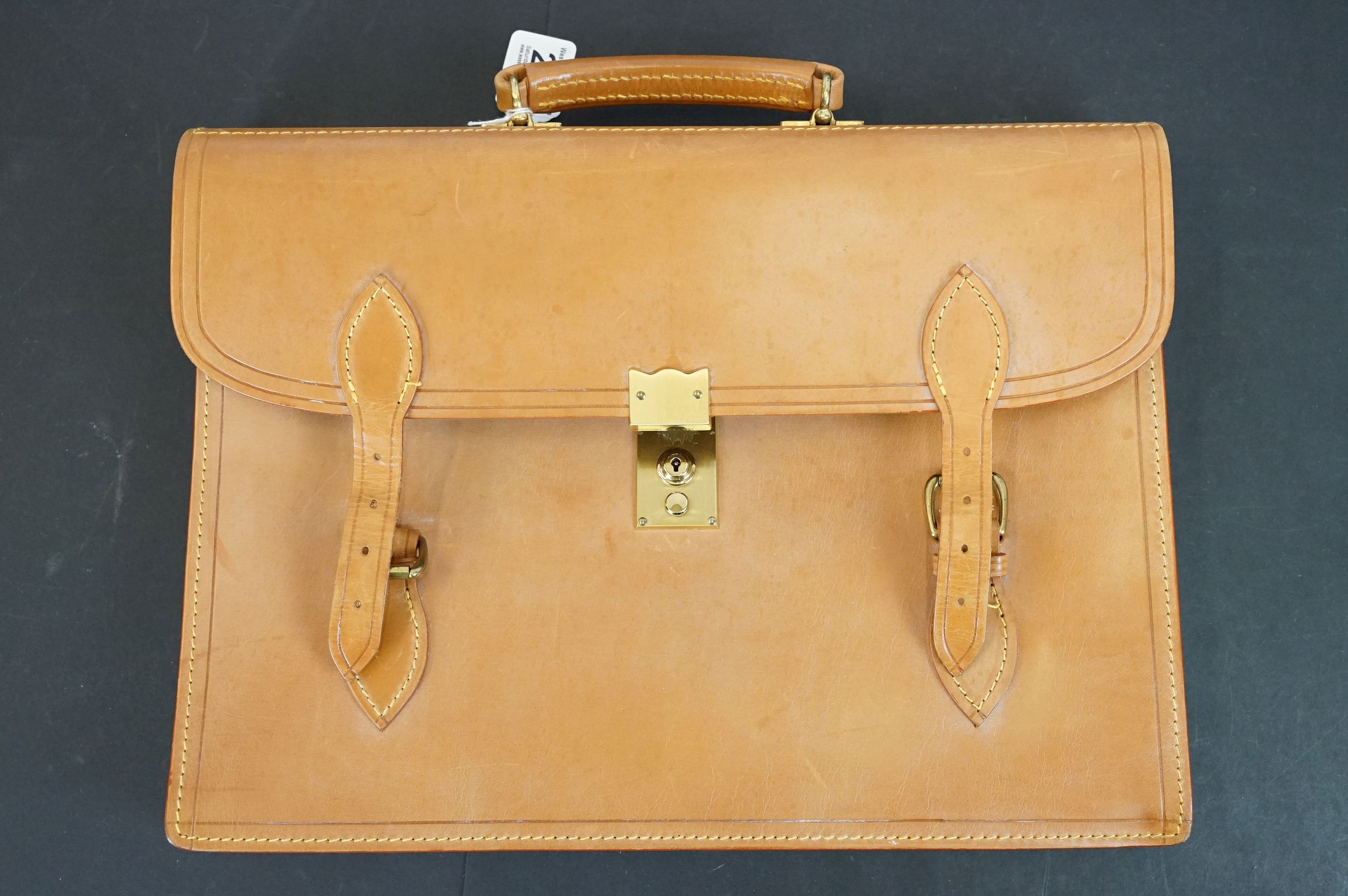 Papworth leather briefcase satchel having double buckles to front with metal lock to centre and - Image 2 of 7