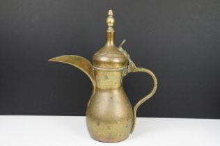 Large Turkish / Islamic Brass Dallah Coffee Pot, signed to sides, 38cm high