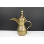 Large Turkish / Islamic Brass Dallah Coffee Pot, signed to sides, 38cm high
