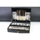 Cased six setting canteen of silver plated cutlery, the knives with Sheffield stainless steel blades