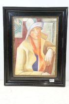 Ebonized framed oil painting of a 1930s lady in an interior, 46 x 33cm, framed and glazed