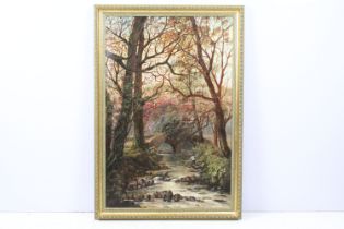 C J Parsons, figure fishing in a stream with bridge beyond, oil on canvas, 74 x 48.5cm, gilt framed