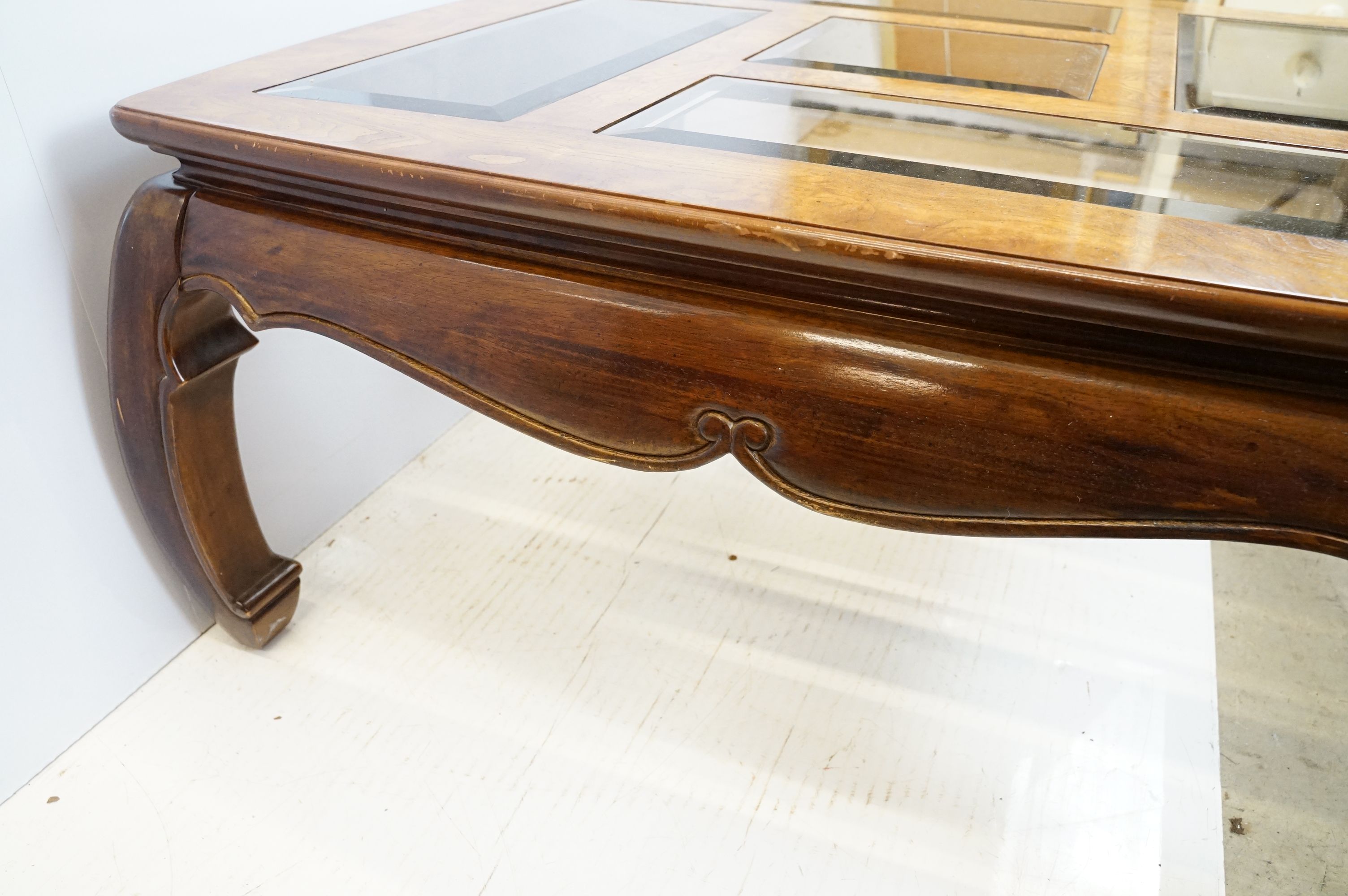 Walnut coffee table, in the Oriental style, with five bevelled glass panels, 44cm high x 96.5cm wide - Image 8 of 11